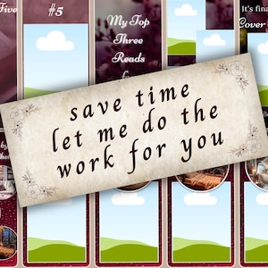 Puede incluir: Un collage de im&aacute;genes con un texto superpuesto que dice "save time let me do the work for you". Las im&aacute;genes son de portadas de libros, una estanter&iacute;a y una persona leyendo un libro. El texto est&aacute; en una fuente marr&oacute;n sobre un fondo blanco.