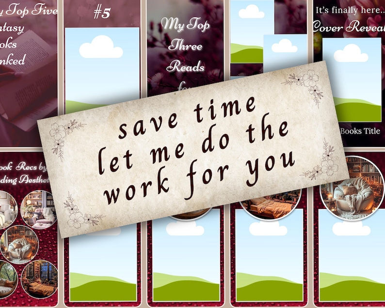 Puede incluir: Un collage de im&aacute;genes con un texto superpuesto que dice "save time let me do the work for you". Las im&aacute;genes son de portadas de libros, una estanter&iacute;a y una persona leyendo un libro. El texto est&aacute; en una fuente marr&oacute;n sobre un fondo blanco.