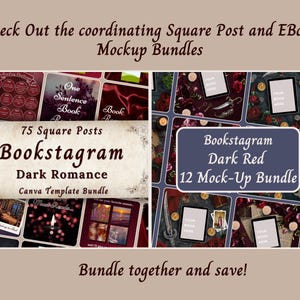 Puede incluir: Un paquete de productos digitales para bookstagram que incluye 75 plantillas de publicaciones cuadradas y 12 plantillas de maquetas. Las plantillas est&aacute;n dise&ntilde;adas con un tema de romance oscuro con acentos rojos, negros y dorados. El texto en la imagen dice "75 Square Posts Bookstagram Dark Romance Canva Template Bundle" y "Bookstagram Dark Red 12 Mock-Up Bundle".