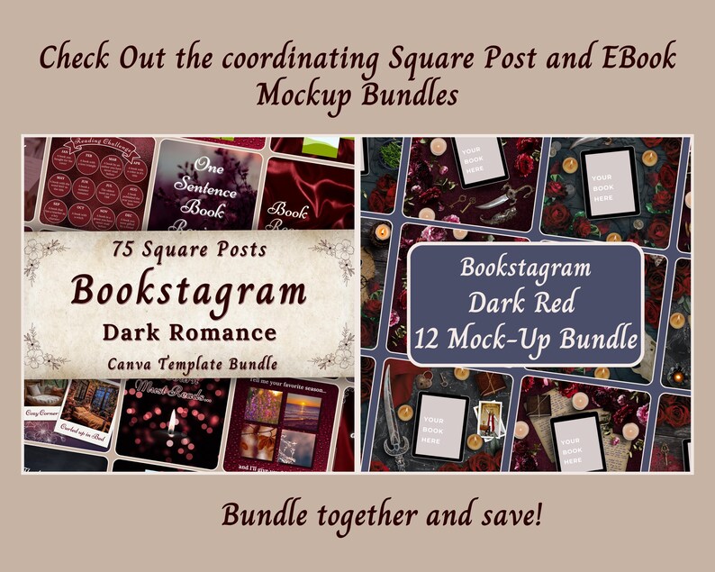 Puede incluir: Un paquete de productos digitales para bookstagram que incluye 75 plantillas de publicaciones cuadradas y 12 plantillas de maquetas. Las plantillas est&aacute;n dise&ntilde;adas con un tema de romance oscuro con acentos rojos, negros y dorados. El texto en la imagen dice "75 Square Posts Bookstagram Dark Romance Canva Template Bundle" y "Bookstagram Dark Red 12 Mock-Up Bundle".