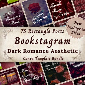 May include: A collage of images promoting a Canva template bundle for bookstagram posts. The images feature dark romance aesthetic themes, including roses, books, and text that says "Bookstagram Dark Romance Aesthetic Canva Template Bundle".