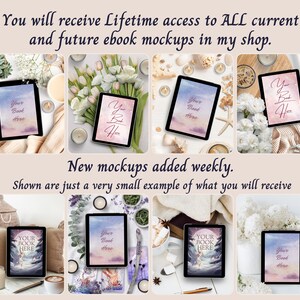 May include: A digital collection of eight tablet mockups displaying various watercolor-style book covers with the text Your Book Here. The image includes the text You will receive Lifetime access to ALL current and future ebook mockups in my shop.
