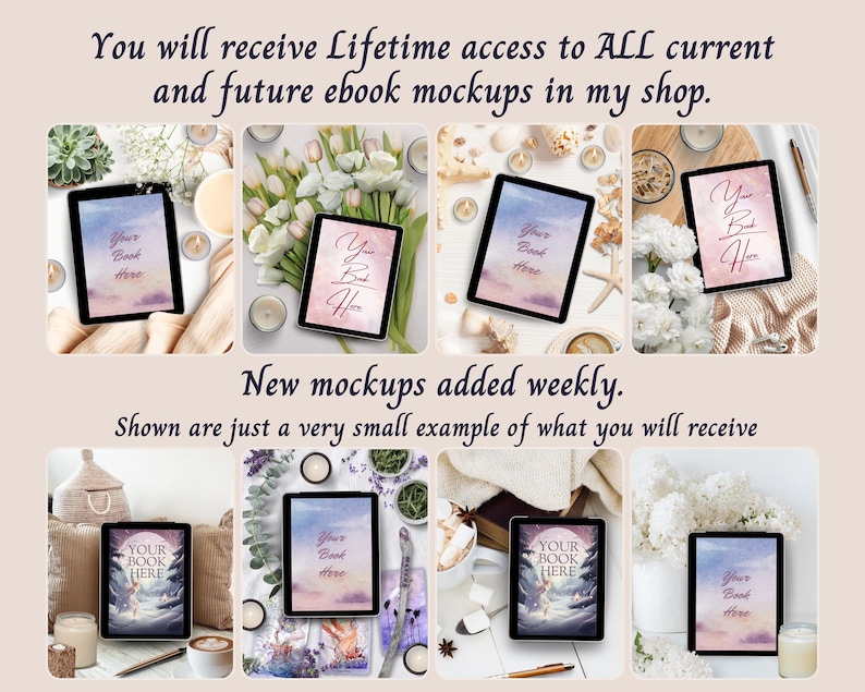 May include: A digital collection of eight tablet mockups displaying various watercolor-style book covers with the text Your Book Here. The image includes the text You will receive Lifetime access to ALL current and future ebook mockups in my shop.