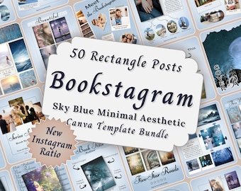 Blue Minimal Aesthetic Bookstagram Template Bundle, Editable Bookish Instagram Review Carousel Posts, Author Social Media Book Promotion