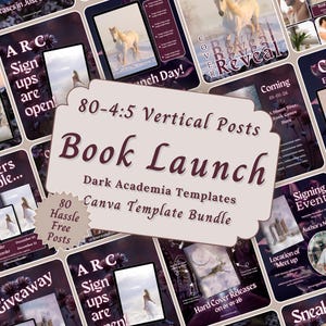 Puede incluir: Un conjunto de plantillas de Canva para el lanzamiento de un libro, con un tema de academia oscura. Las plantillas son para publicaciones verticales e incluyen texto como "Book Launch" y "Giveaway". La combinación de colores es principalmente morado oscuro y blanco.