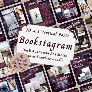 May include: A collection of dark academia-themed Instagram post templates. The templates feature images with a purple and white color scheme, with text overlays. The central image reads "Bookstagram" and "Dark Academia Aesthetic Canva Template Bundle".