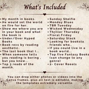 May include: A beige-colored graphic with the title "What's Included" and a list of book-related prompts. The text includes phrases like "Sunday Shelfie," "Thriller Thursday," and "Top five Fantasy Books." Decorative floral elements frame the text.