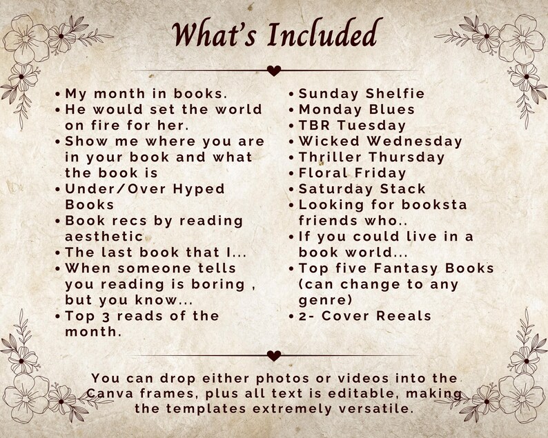 May include: A beige-colored graphic with the title "What's Included" and a list of book-related prompts. The text includes phrases like "Sunday Shelfie," "Thriller Thursday," and "Top five Fantasy Books." Decorative floral elements frame the text.