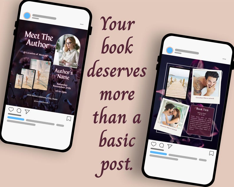 May include: Two smartphone screens displaying social media post templates with dark floral backgrounds. The left screen shows a Meet The Author event layout, while the right screen features a multi-photo collage layout with text placeholders.