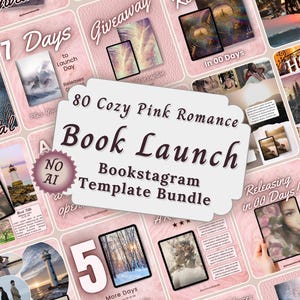 May include: A digital collection of 80 cozy pink romance book launch Bookstagram templates featuring various layouts, text placeholders, and imagery of landscapes, people, and books, centered around a large white label with the text 80 Cozy Pink Romance Book Launch Bookstagram Template Bundle.