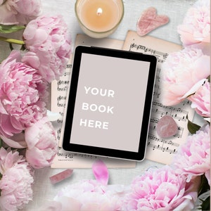 Makieta e-booka Romance, makieta Cozy Chic FlatLay KDP, makieta książki w stylu piwonii Bookstagram Template, autor Social Media Instagram Layflat