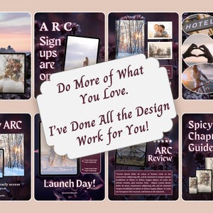 May include: A digital marketing template set featuring dark purple backgrounds with floral accents. The central white scalloped label displays the text: Do More of What You Love. I've Done All the Design Work for You! Includes various social media layouts.