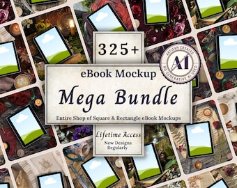 May include: A digital product bundle featuring 325+ eBook mockups with square and rectangular frames. The central text reads 325+ eBook Mockup Mega Bundle, Entire Shop of Square & Rectangle eBook Mockups, Lifetime Access, New Designs Regularly.