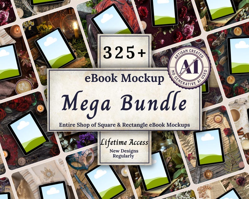 May include: A digital product bundle featuring 325+ eBook mockups with square and rectangular frames. The central text reads 325+ eBook Mockup Mega Bundle, Entire Shop of Square & Rectangle eBook Mockups, Lifetime Access, New Designs Regularly.
