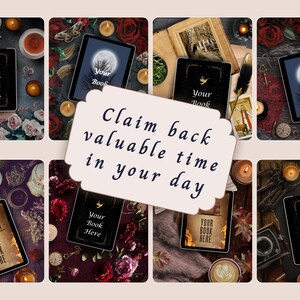 May include: A collage of eight digital tablet screens displaying the text Your Book Here, surrounded by various aesthetic elements including red roses, lit candles, tarot cards, vintage cameras, and coffee cups, with the text Claim back valuable time in your day.