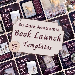 May include: A collection of 80 dark academia book launch templates featuring a central beige label with the text 80 Dark Academia Book Launch Templates and a small circular badge stating NO AI, displayed over various dark purple promotional graphics.