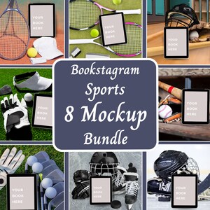 Puede incluir: Un paquete de maquetas de ocho pantallas de tabletas digitales con el texto "Your Book Here" mostrado en cada pantalla. Las tabletas se colocan en varios entornos deportivos, incluyendo una cancha de tenis, un campo de béisbol, un campo de golf y una pista de hockey sobre hielo.
