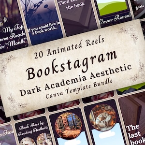 May include: A bundle of 20 animated Instagram Reels templates with a Dark Academia aesthetic. The design features a vintage parchment-style background with floral accents and the text "Bookstagram". Other text includes "My Top Three Reads for Month" and "Cover Reveal".