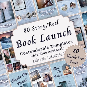 Lot de modèles Bookstagram pour le lancement de livre, article d&#39;article sur les réseaux sociaux d&#39;auteur de romance esthétique bleu, article de promotion de livre pour une nouvelle édition de l&#39;éditeur