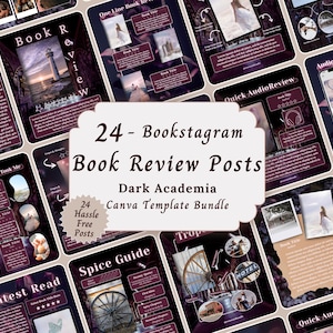 May include: A collection of 24 Bookstagram book review posts in a Dark Academia Canva template bundle. The posts feature a dark purple and black color scheme with images and text, including "Book Review" and "Spice Guide".