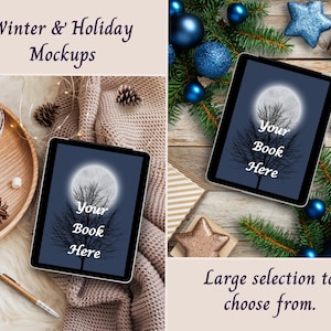 May include: Two digital tablet mockups displaying a graphic of a full moon behind a bare tree with the text Your Book Here. One tablet is placed on a beige knit blanket with a mug and pen, the other on a wooden surface with pine branches and ornaments.