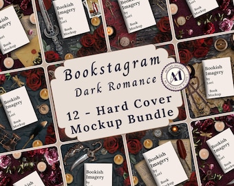 Maqueta rectangular de libro Dark Romance, publicación en redes sociales de Moody Bookstagram Writer, diseño plano promocional del libro Writer Dark Academia