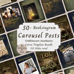 May include: A collection of 50 Bookstagram carousel post templates with a goblincore aesthetic. The templates feature various designs with text such as "Series Spotlight", "Holiday Feels", and "Just Completed". The bundle includes 212 slides.