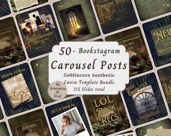 Paquete de plantillas de publicación de carrusel Goblincore para Bookstagram, maquetas de reseñas de libros con estética cottagecore oscura, redes sociales de Instagram de autores