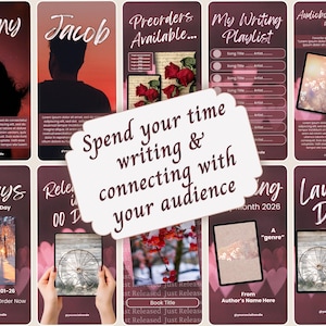 May include: A collection of digital social media templates featuring a dark maroon and cream color palette with romantic imagery including roses, silhouettes, and forest scenes. The central text reads, Spend your time writing & connecting with your audience.