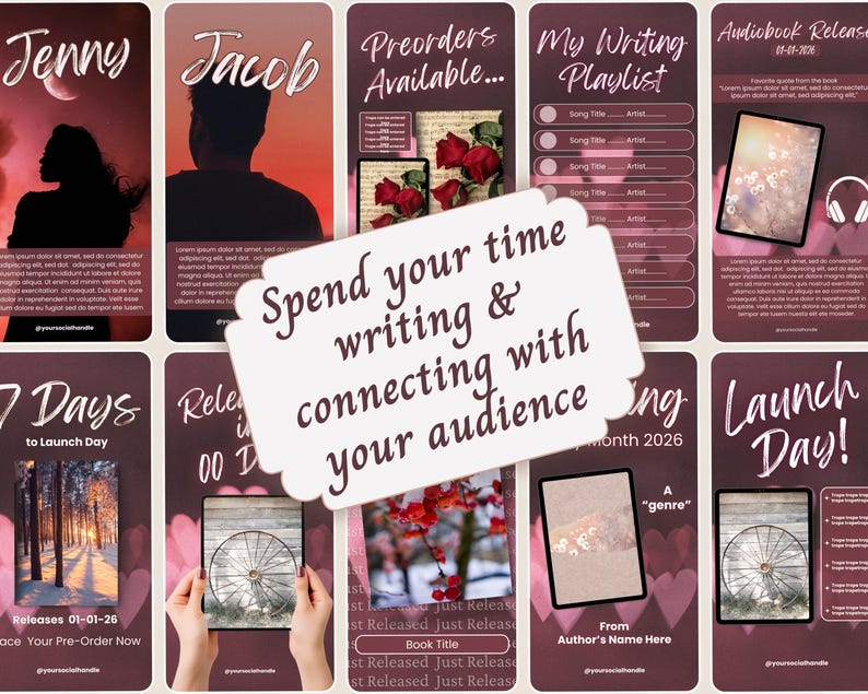 May include: A collection of digital social media templates featuring a dark maroon and cream color palette with romantic imagery including roses, silhouettes, and forest scenes. The central text reads, Spend your time writing & connecting with your audience.