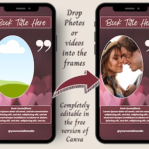 May include: Two smartphone screen templates featuring a dark maroon background with pink heart shapes. Each template includes a top text box labeled Book Title Here, a central oval photo frame, a quote icon, and a bottom text box for a book blurb.