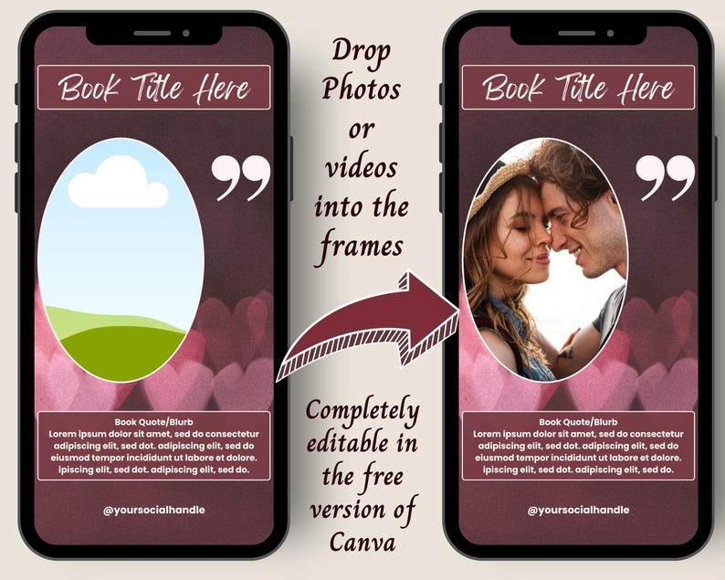May include: Two smartphone screen templates featuring a dark maroon background with pink heart shapes. Each template includes a top text box labeled Book Title Here, a central oval photo frame, a quote icon, and a bottom text box for a book blurb.