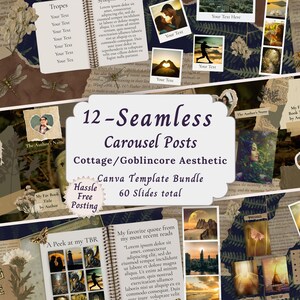 May include: A digital collage with a vintage aesthetic, featuring torn paper, handwritten text, and botanical illustrations. The image promotes a Canva template bundle for seamless carousel posts with a cottage/goblincore theme, with 60 slides.