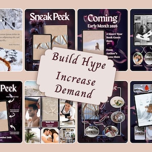 May include: A digital marketing template set for book promotion featuring multiple layouts with dark purple backgrounds, floral accents, and placeholders for book covers, author names, and release dates, with the text Build Hype Increase Demand.
