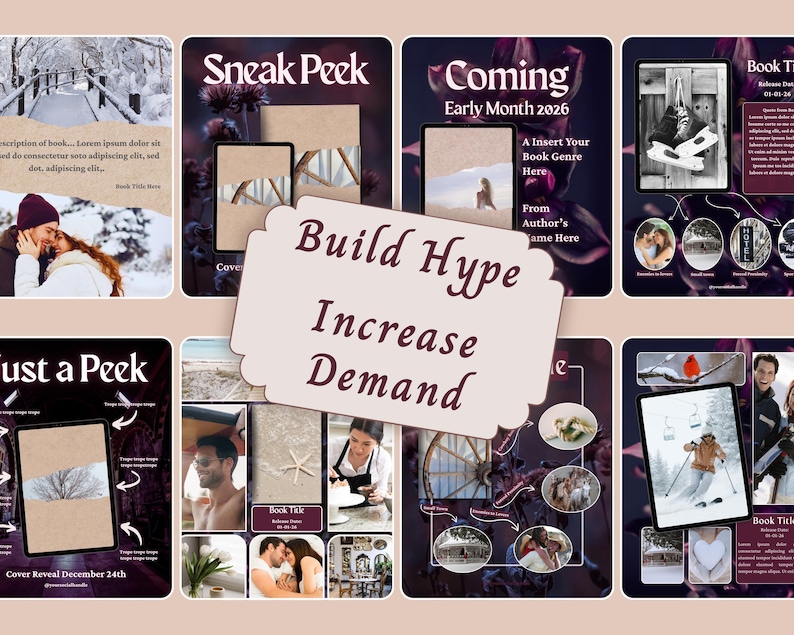 May include: A digital marketing template set for book promotion featuring multiple layouts with dark purple backgrounds, floral accents, and placeholders for book covers, author names, and release dates, with the text Build Hype Increase Demand.
