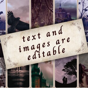 May include: A collage of images with a central banner that reads "text and images are editable." The surrounding images depict scenes of nature, castles, and silhouettes, with text overlays including quotes and questions.