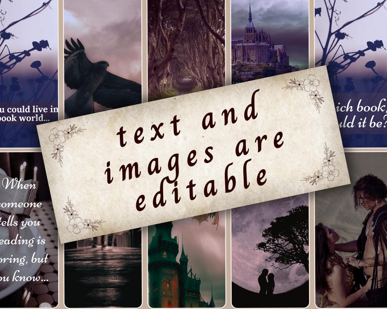 May include: A collage of images with a central banner that reads "text and images are editable." The surrounding images depict scenes of nature, castles, and silhouettes, with text overlays including quotes and questions.