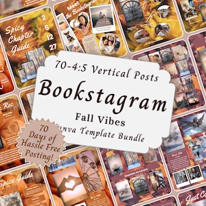 May include: A collection of 70 vertical Instagram post templates with a fall theme. The templates include images, text, and graphics, with the words "Bookstagram" and "Fall Vibes" prominently displayed. The bundle is designed for hassle-free posting.