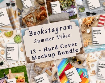 Hard Cover Summer Vibes Book Flatlay Mockup Bundle, Beach Aesthetic Book Review, Author Social Media Book Promotion Post Template