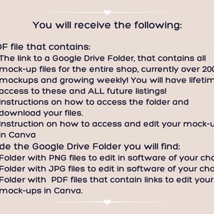 May include: A digital information graphic on a light beige background with dark text detailing the contents of a PDF file. It lists access to a Google Drive folder containing over 200 mock-up files, including PNG, JPG, and Canva-editable PDF formats.