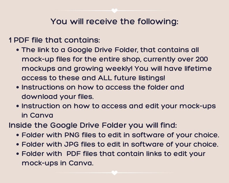 May include: A digital information graphic on a light beige background with dark text detailing the contents of a PDF file. It lists access to a Google Drive folder containing over 200 mock-up files, including PNG, JPG, and Canva-editable PDF formats.