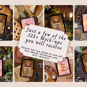 May include: A digital collage of eight tablet mockups displaying book covers with the text Your Book Here, overlaid with a central white sign reading Just a few of the 325+ Mock-ups you will receive. Check out my shop to see all the ebook mockups.