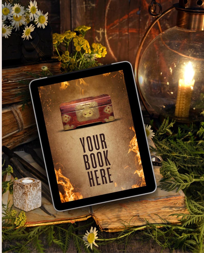 May include: A digital tablet displaying a graphic of a wooden chest with brass hardware centered above the text YOUR BOOK HERE, surrounded by stylized orange flames on a textured tan background, presented in a vertical orientation.