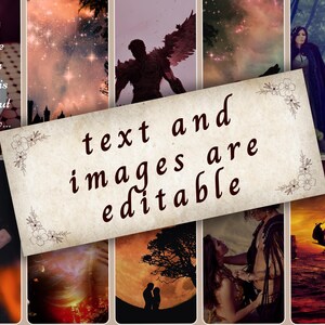 Puede incluir: Un collage de im&aacute;genes con un texto superpuesto que dice "text and images are editable". Las im&aacute;genes incluyen un cielo estrellado, una figura con alas, una escena de bosque, una pareja silueteada contra una luna roja, una pareja abraz&aacute;ndose y un barco navegando en el oc&eacute;ano.