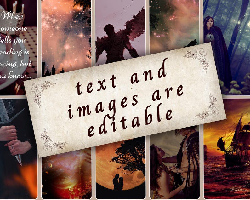 Puede incluir: Un collage de im&aacute;genes con un texto superpuesto que dice "text and images are editable". Las im&aacute;genes incluyen un cielo estrellado, una figura con alas, una escena de bosque, una pareja silueteada contra una luna roja, una pareja abraz&aacute;ndose y un barco navegando en el oc&eacute;ano.