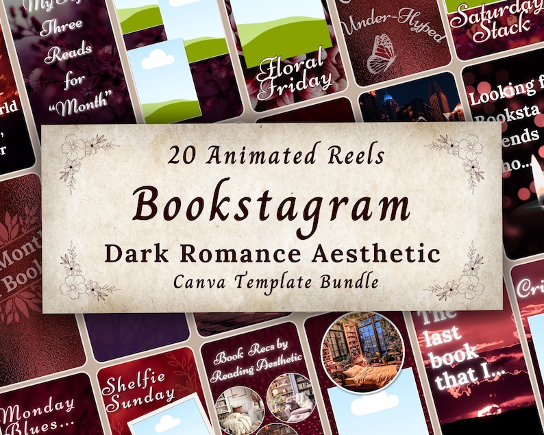 Paquete de plantillas de reels de Bookstagram de romance oscuro, plantilla animada editable de Canva para Instagram con estética literaria, publicaciones de autor en redes sociales imagen 1