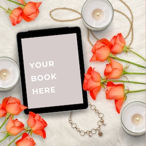 Makieta e-booka dla Bookstagram, biała futrzana okładka FlatLay KDP w stylu makiety książki, szablon Bookish Canva, autor mediów społecznościowych Instagram Layflat