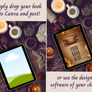 May include: A digital tablet displaying a blank landscape graphic on the left and a book cover template with the text YOUR BOOK HERE on the right. The text Simply drop your book into Canva and post! and or use the design software of your choice appears.