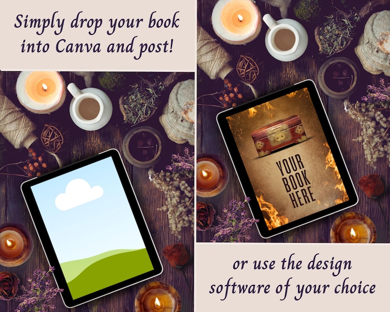 May include: A digital tablet displaying a blank landscape graphic on the left and a book cover template with the text YOUR BOOK HERE on the right. The text Simply drop your book into Canva and post! and or use the design software of your choice appears.