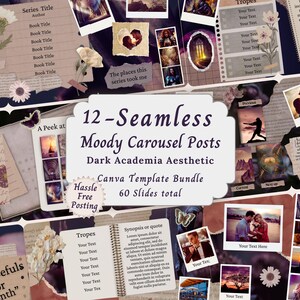 May include: A Canva template bundle featuring 12 seamless moody carousel posts with a dark academia aesthetic. The design includes torn paper, floral accents, and photo frames. The bundle offers 60 slides total and is designed for hassle-free posting.